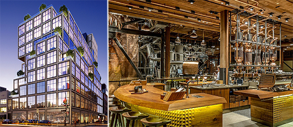 From left: Rendering of 61 Ninth Avenue in the Meatpacking District (credit: Rafael Vinoly) and the Starbucks Reserve Roastery and Tasting Room in Seattle (credit: Starbucks)