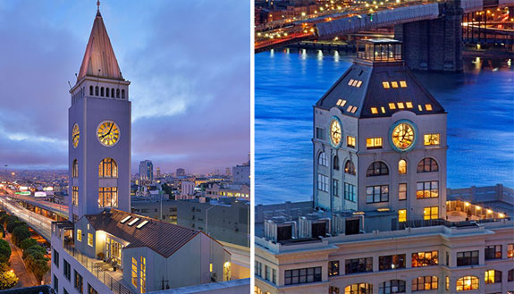 The clocktower apartment in the Soma district of San Francisco and 1 Main Street in Dumbo
