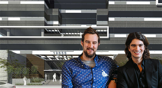 From left: WeWork co-founders Miguel McKelvey and Adam Neuman; a rendering of Hudson Pacific Properties' Landing building in Playa Vista