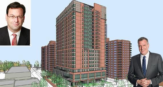 A rendering of Nursing Home On West 97th Street on the Upper West Side (credit: Jewish Home Lifecare) (inset: Barry Berke and Bill de Blasio)