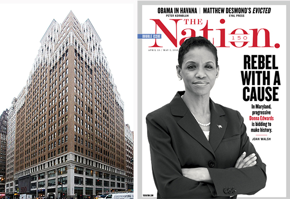 From left: 520 Eighth Avenue and the newest issue of The Nation