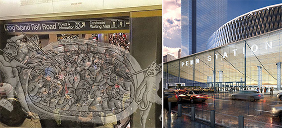 <em>From left: Current Penn Station and rendering of redeveloped station (credit Wikimedia Commons)</em>