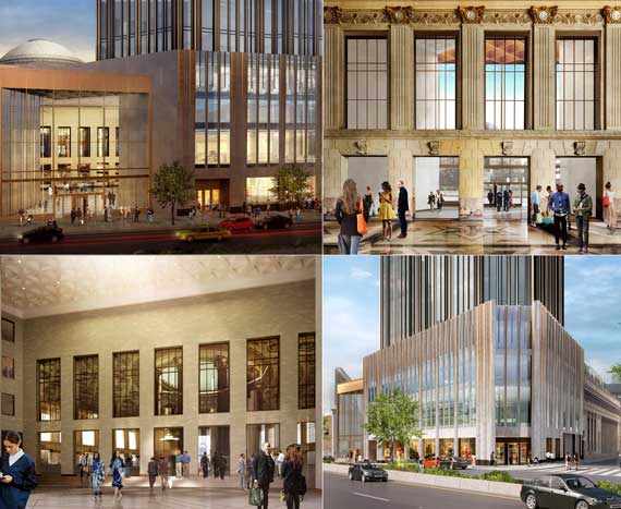 Renderings of the former Dime Savings Bank at 9 Dekalb Avenue and base of 340 Flatbush Avenue Extension (Credit: SHoP Architects via New York YIMBY)