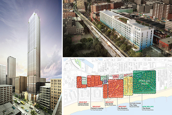 Clockwise from left: A rendering of New Empire Real Estate's 131-141 East 47th Street in Midtown East (credit: New Empire Real Estate), a rendering of Monadnock's One Flushing (credit: Bernheimer Architecture) and a diagram of Benjamin Companies and the Beechwood Organization's Arverne by the Sea project in the Rockaways