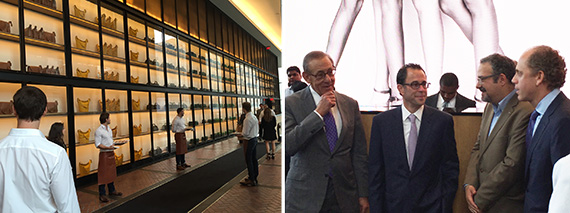 From left: Servers greet attendees at the opening of 10 Hudson Yards, where Stephen Ross, Jeff Blau, Hector Figueroa of 32BJ and Bruce Beal gathered to open the building