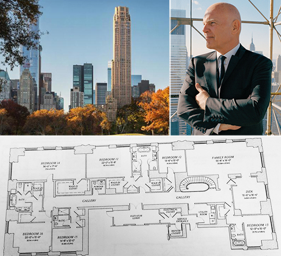 Clockwise from left: Rendering of 220 Central Park South (credit: Vornado via Curbed), Steve Roth and floor plan of $250 million condo (credit: E.B. Solomont for <em>The Real Deal</em>)