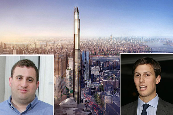 340 Flatbush Avenue Extension in Brooklyn (inset: Michael Stern and Jared Kushner)