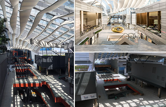 Photos of construction and a rendering of Brickell City Centre's retail portion