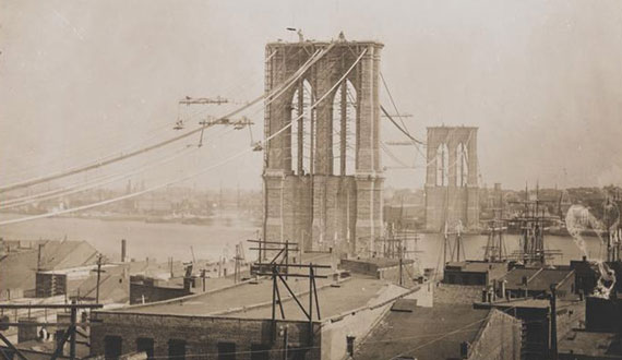 The Brooklyn Bridge under construction