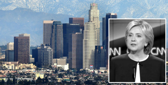 Hillary Clinton and the L.A. skyline (credit: mapio.net, YouTube)