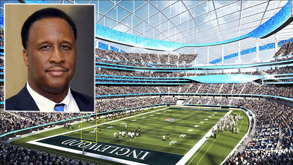 Inglewood Mayor James Butts and a rendering of the Rams' stadium (credit: Planning Report, HKS Architects)