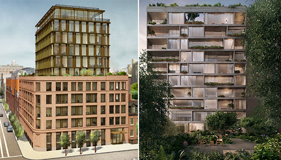 From left: rendering of 100 Barrow Street and The Jardim at 527 West 27th Street