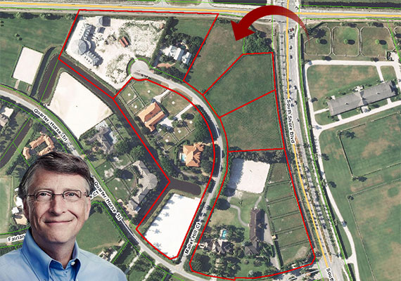 An aerial view of Bill Gates' holdings on Mallet Hill Court with an arrow pointing to last remaining parcel (Inset: Bill Gates via TNS Sofres)