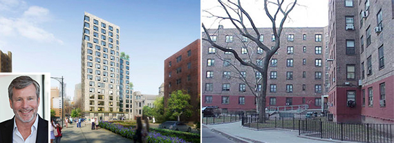 From left: Rendering for affordable units near Ingersoll Houses in Fort Greene and the Ingersoll Houses (inset: Donald Capoccia from BFC Partners)