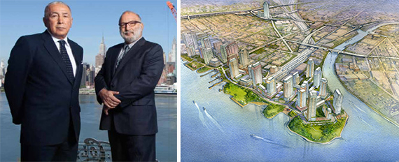 From left: Tom Elghanayan, Frederick Elghanayan of TF Cornerstone and rendering of Hunters Point South project