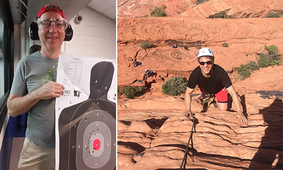 From left: David Firestein of SCG Retail, with his target from AK-47 shots at a gun range and James Wacht of Lee &amp; Associates NYC, climbing rocks