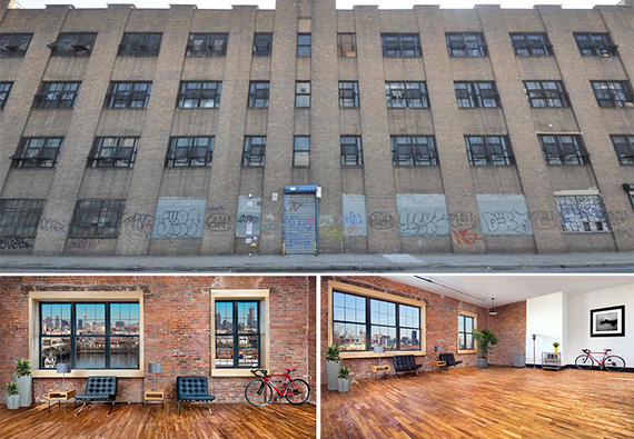 From top: 456 Johnson Avenue in East Williamsburg prior to renovation, and images of the building's new interiors