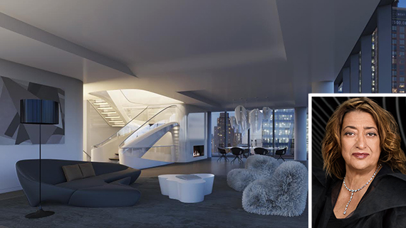 Rendering of the penthouse at 520 West 28th Street (inset: Zaha Hadid)