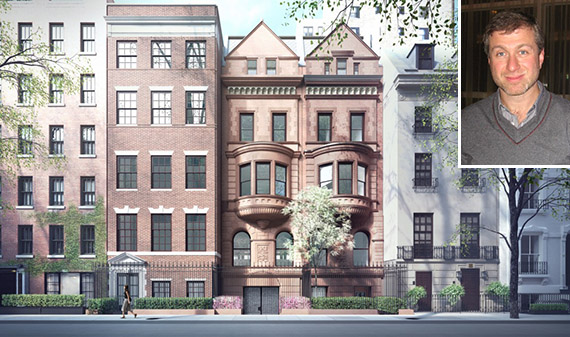 A rendering of 11-15 East 75th Street on the Upper East Side (inset: Roman Abramovich)