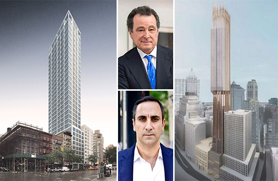 From top left: A rendering of 368 Third Avenue in Kips Bay (credit: SLCE), Robert Gladstone, Erez Itzhaki and a rendering of 45 Broad Street in the Financial District (credit: CetraRuddy)