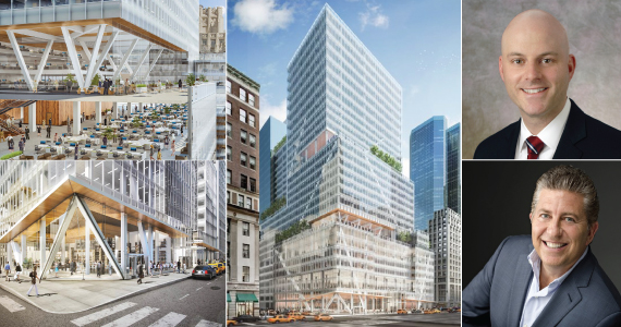 From left: renderings of 390 Madison Ave. (Inset top to bottom: Cushman's Ron Lo Russo, L&amp;L's Robert Lapidus)