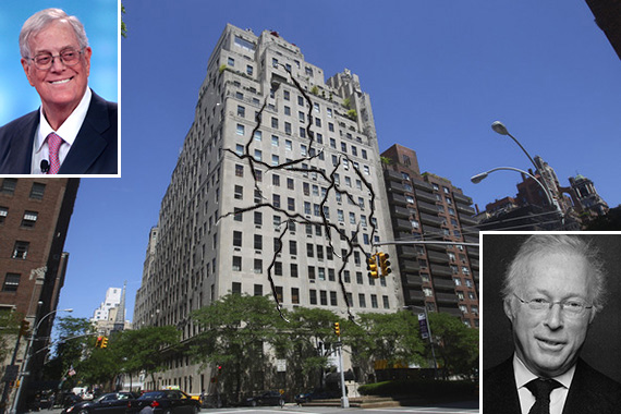 An illustration of 740 Park Avenue's cracking facade (inset from left: David Koch and Israel Englander)