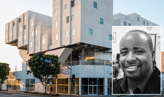 Council member Marqueece Harris-Dawson and an affordable housing complex at 240 East 6th Street developed by the Ski Row Housing Trust (credit: the Durfee Foundation, Skid Row Housing Trust)