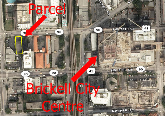 Aerial of the parcel and Brickell City Centre's construction site