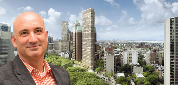 David Kramer and a rendering of 1 Clinton Street at the site of the Brooklyn Heights Library