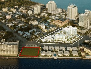 The Adagio development lot (in red) and a rendering of the Gale (in white)