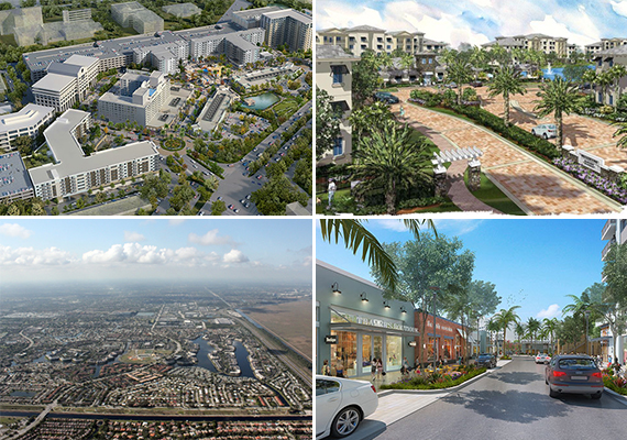 Clockwise from top left, renderings of Fashion Mall, Broadstone at Plantation and Fashion Mall and an aerial of Broward