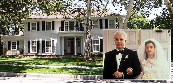 500 North Almansor Street and a scene from "Father of the Bride" (credit: itsfilmedthere.com) (inset: Steve Martin and Kimberly Williams in "Father of the Bride," courtesy of Touchstone Pictures)