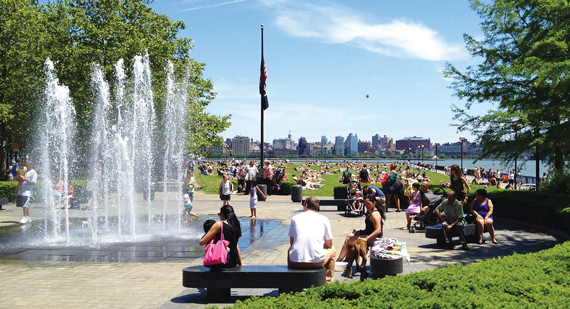 Hoboken residents relax with views of Manhattan. 