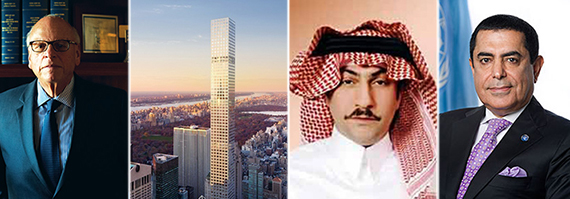 From left: Howard Lorber, rendering of 432 Park (Credit: DBOX for CIM Group/Macklowe Properties), Fawaz Al Hokair and Nassi Abdulaziz Al-Nasser