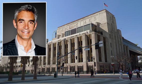 Tribune Media CEO Peter Liguori and the L.A. Times building at 202 West 1st Street (credit: Speakerpedia, Zocalo Public Square)