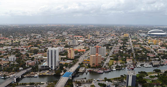 Aerial view of Miami's Little Havana, Miami River, Coral Gables and Coconut Grove neighborhoods