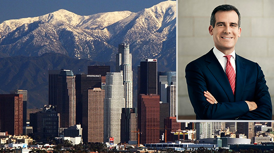 Mayor Eric Garcetti and the Los Angeles skyline (credit: Wikipedia Commons)