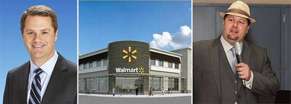 Rendering of the Midtown Miami Walmart (Inset: Walmart CEO Doug McMillon, left, and neighborhood activist Grant Stern, right)