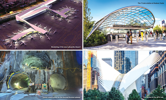 Clockwise from top left: A rendering of the new LaGuardia Airport, the 7 train station at Hudson Yards, the Oculus at the WTC hub and tunnel construction for the Second Avenue subway
