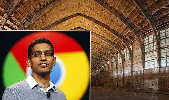 Google CEO Sundar Pichai and the Spruce Goose hangar on the Hercules campus while it was under renovation (credit: Matt Construction)