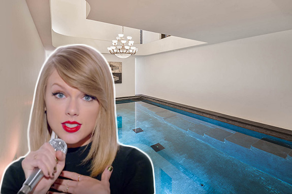 Taylor Swift (via her "Shake It Off" video) and her new rental's swimming pool