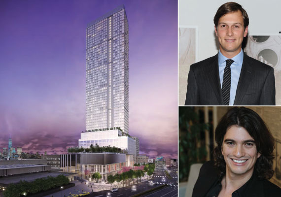 Rendering of One Journal Square (inset from top: Jared Kushner and WeWork's Adam Neumann)