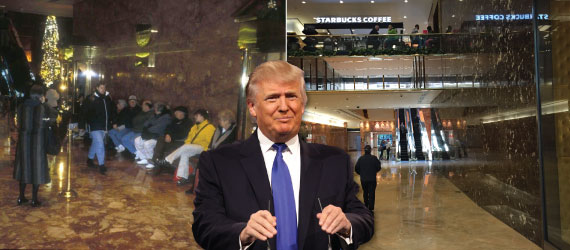 From Left: Trump Tower with bench and current Trump Tower without bench (photos from apps.mas.org) (inset: Donald Trump)