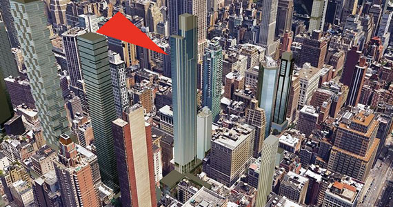 Rendering of proposed condo project at 30th Street and Madison Avenue, highlighted by red arrow (credit: CityRealty)