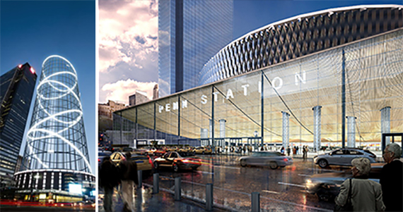 <em>From left: Rendering of "The Halo" and rendering of redeveloped Penn Station (credit: Brooklyn Capital Partners) </em>