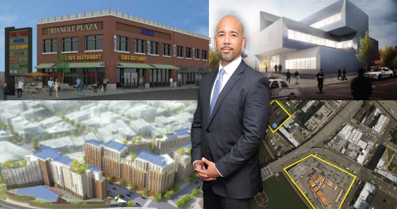 Clockwise: Triangle Plaza in Melrose; NYPD's 40th precinct; 2401 Third Avenue and 101 Lincoln Avenue in Mott Haven; and the La Central affordable development in Melrose. Bronx Borough President Ruben Diaz Jr. in center.