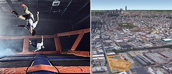Sky Zone trampoline park (credit: Sky Zone) and aerial view of 101 Varick Avenue in East Williamsburg