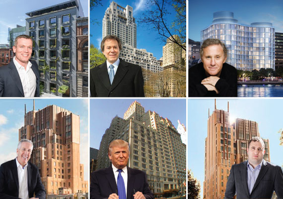Clockwise from left: Joe McMillan at 41 Bond Street; William Zeckendorf Jr. at 15 Central Park West; Ian Schrager at 160 Leroy Street; Michael Stern at Walker Tower; Donald Trump at 106 Central Park South; and Kevin Maloney at Walker Tower