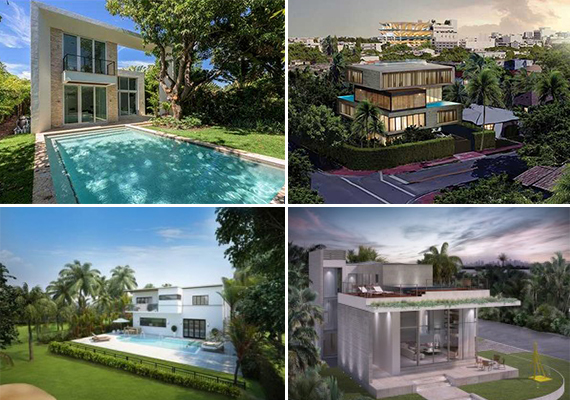 Clockwise from left: Renderings of 335 West 46th Street, 1445 Bay Road, 121 West San Marino and 5334 La Gorce Drive