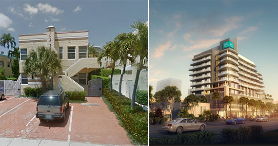 The apartments at 3017 Alhambra Street, left, and a rendering of the approved AC Hotel by Marriott